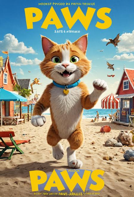 00226-(Movie poster), (Text _Paws_), featuring a giant mischievous cat looming over a beachside town, style cartoonish, mood whimsical.png